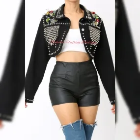 BLACK EMBELLISHED CROP DENIM JACKET