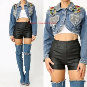 BLUE EMBELLISHED CROP DENIM JACKET