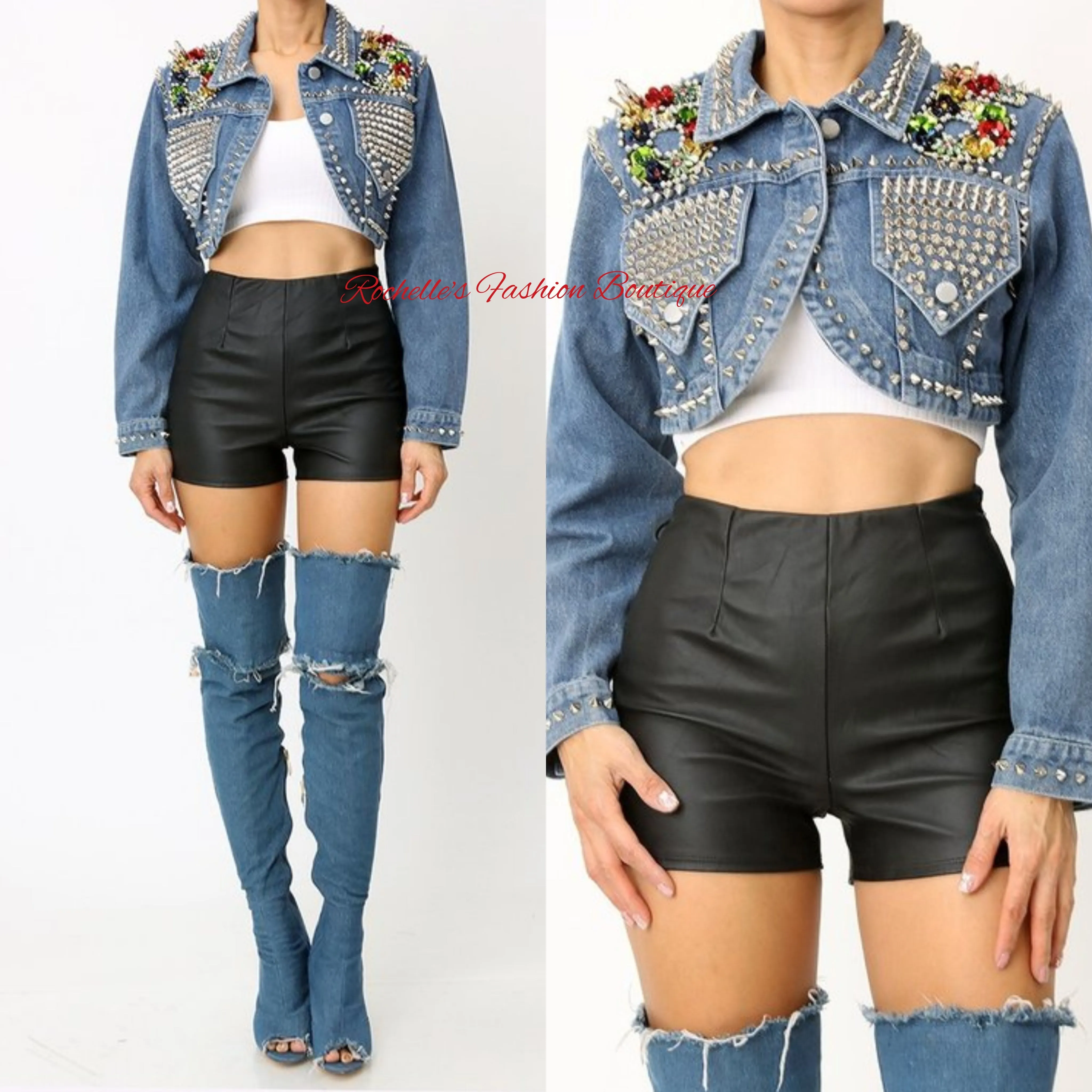 BLUE EMBELLISHED CROP DENIM JACKET