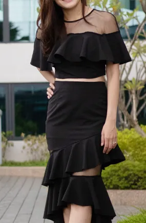 Brigitte Drapey Netted Layered See-through Black Midi Crop Sexy Top