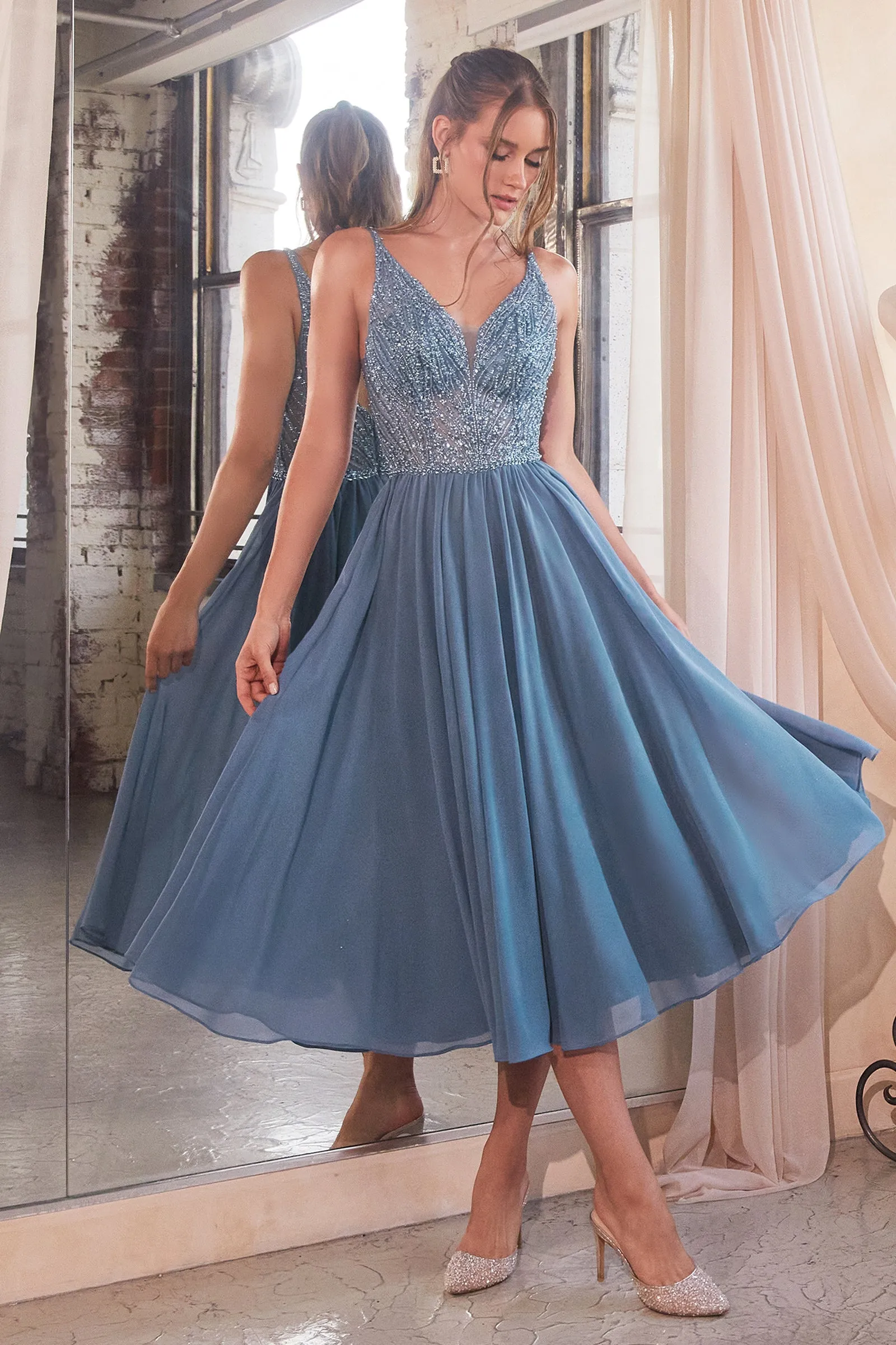 CINDERELLA DIVINE CD0225 A-Line Chiffon Tea Length Dress