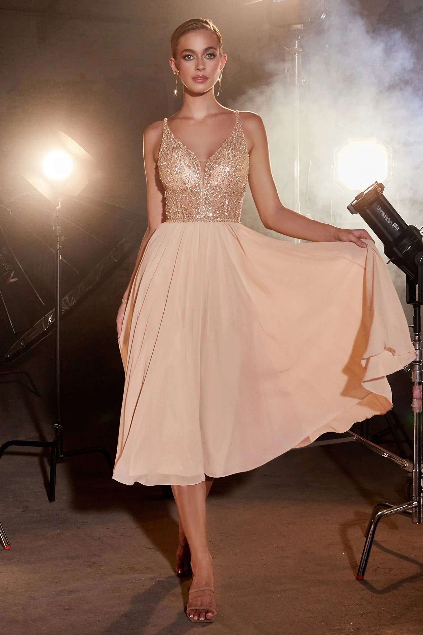CINDERELLA DIVINE CD0225 A-Line Chiffon Tea Length Dress