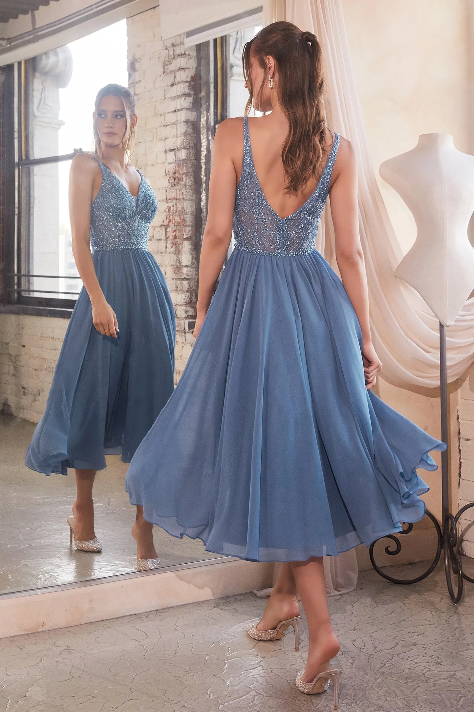 CINDERELLA DIVINE CD0225 A-Line Chiffon Tea Length Dress