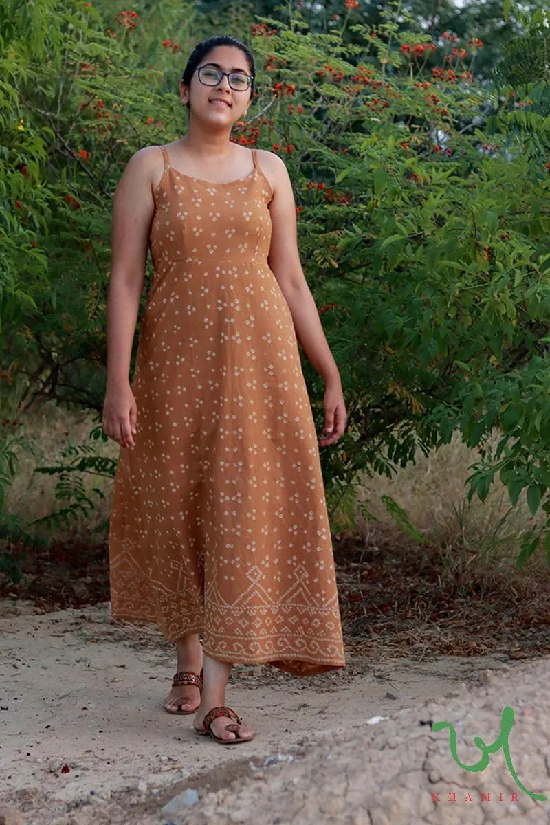 Earthy Brown Bandhani Strappy Dress