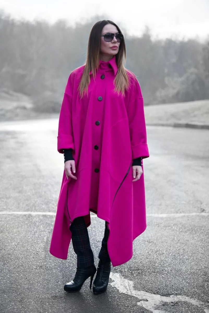 Hot Pink Women Loose Winter Coat FEDERICA