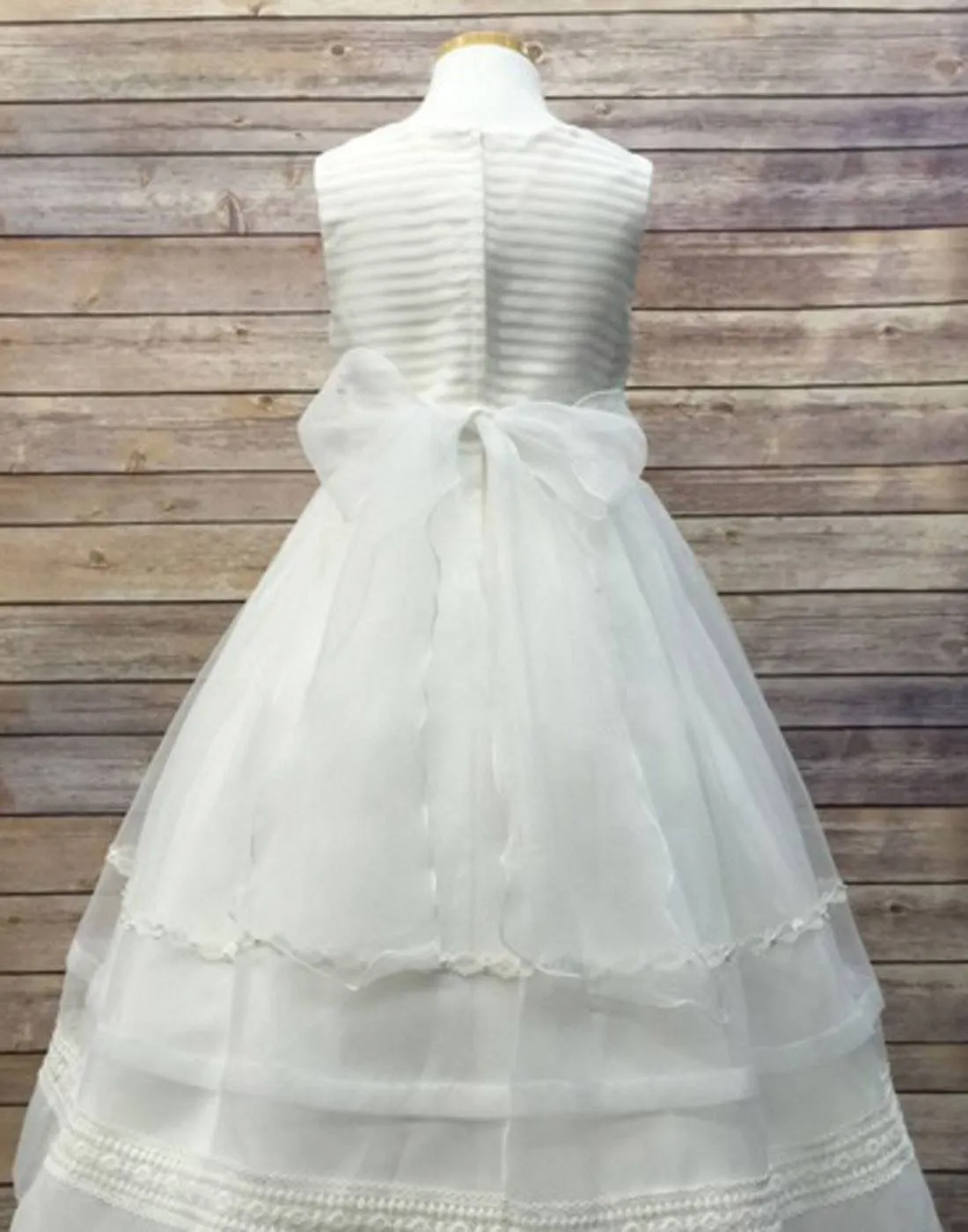 Ivory Striped Organza and Beaded Lace Trim Dress - Ivory