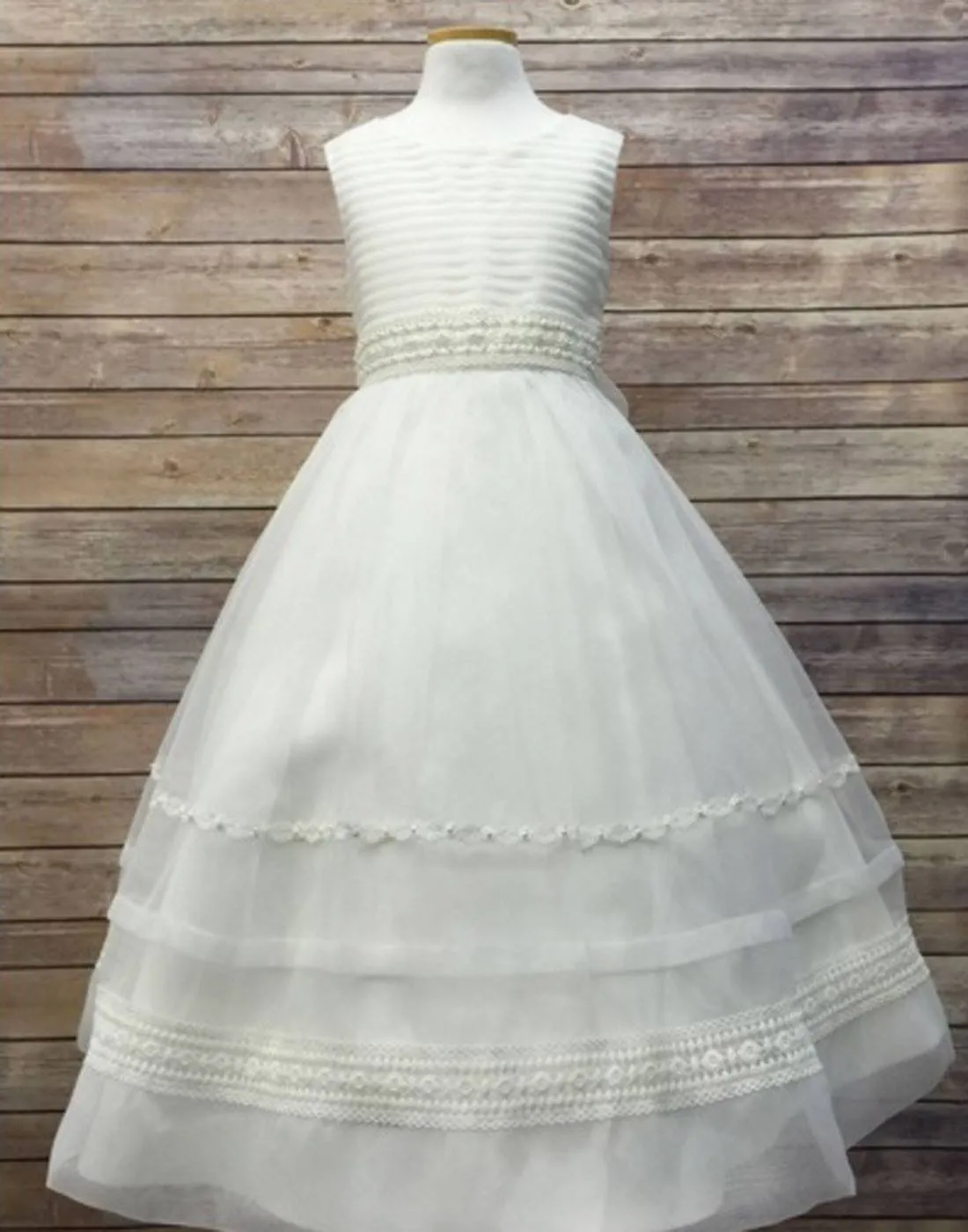 Ivory Striped Organza and Beaded Lace Trim Dress - Ivory