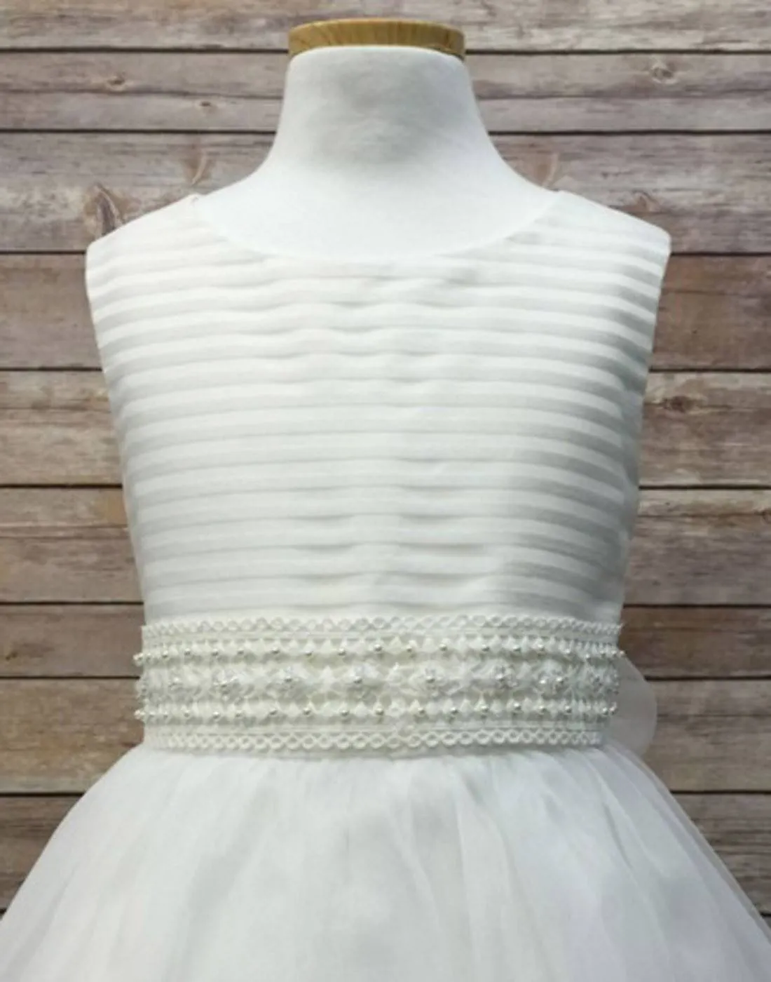 Ivory Striped Organza and Beaded Lace Trim Dress - Ivory