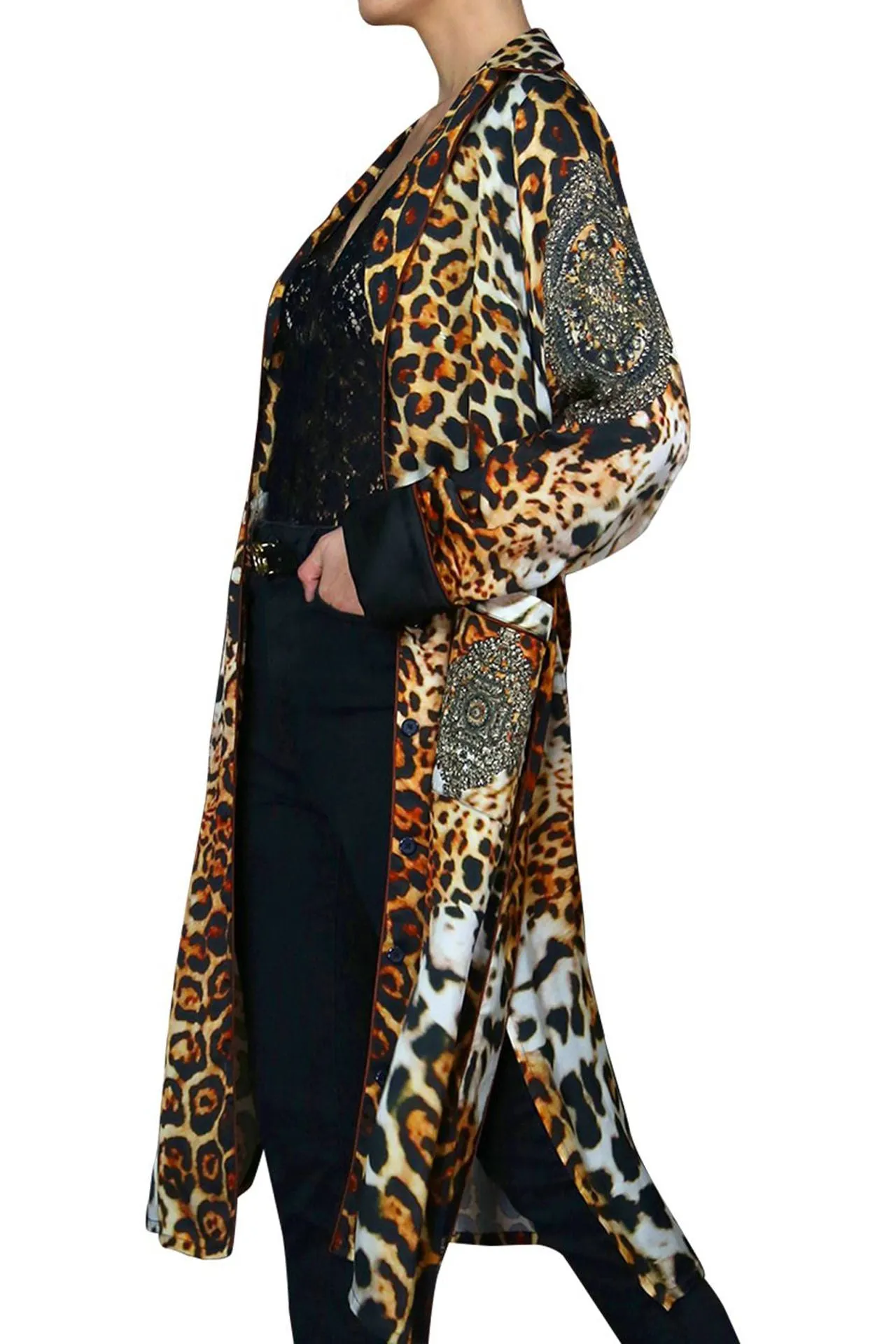 Leopard Print Black Cuffed Short Robe