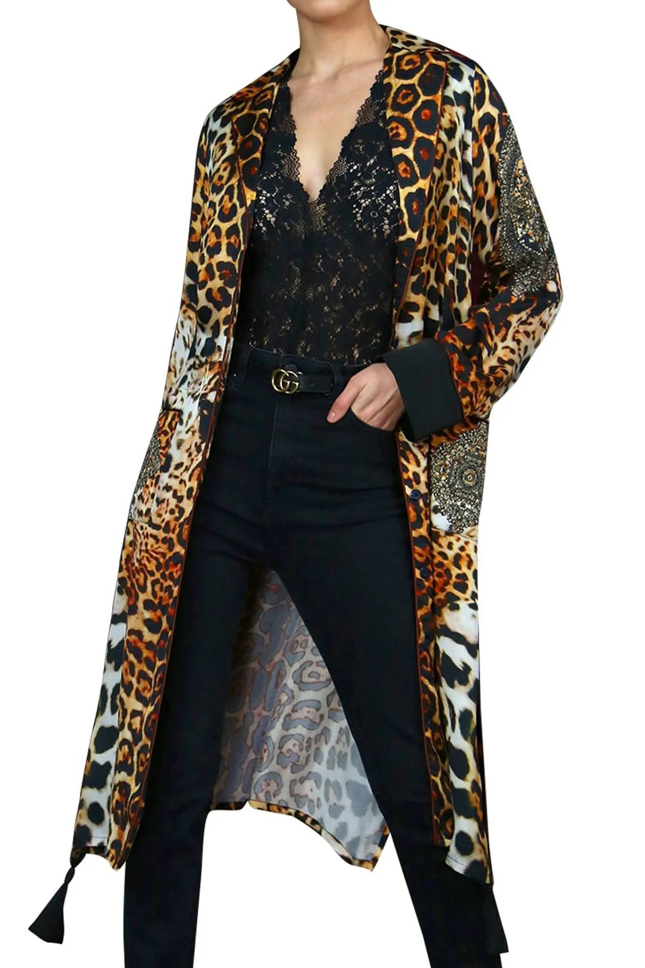 Leopard Print Black Cuffed Short Robe