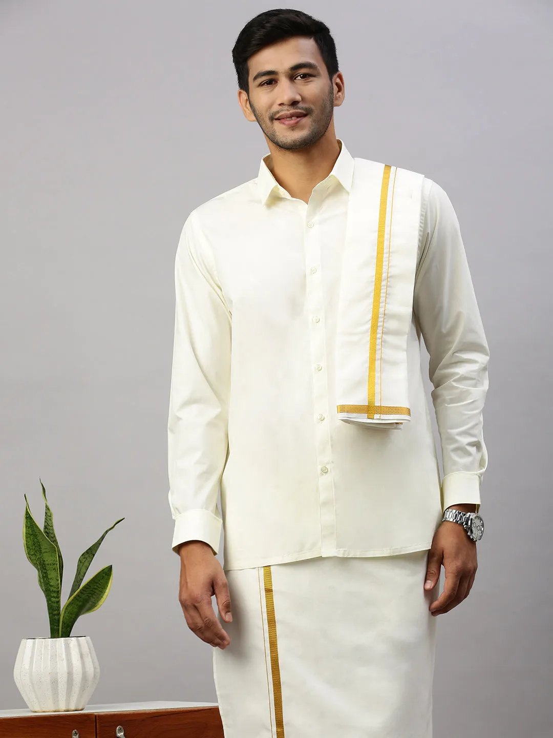 Men Full Sleeves Cream Shirt with 3/4" inch Jari Dhoti Towel and Belt Combo
