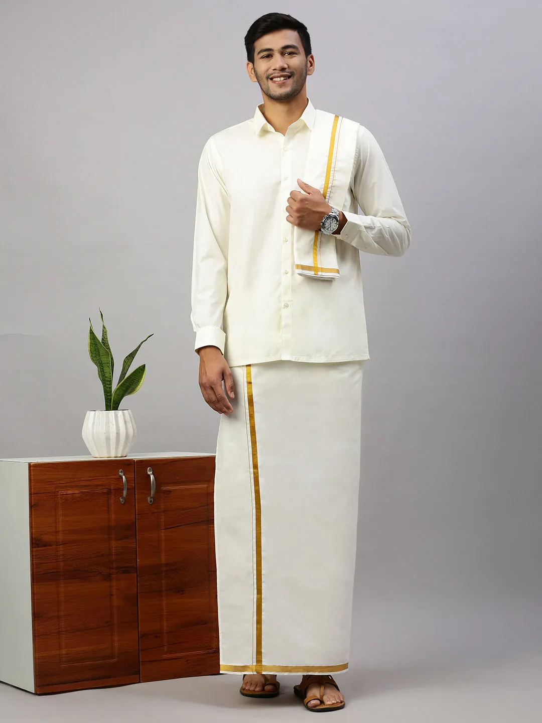 Men Full Sleeves Cream Shirt with 3/4" inch Jari Dhoti Towel and Belt Combo