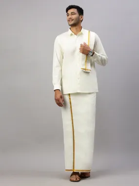 Men Full Sleeves Cream Shirt with 3/4" inch Jari Dhoti Towel and Belt Combo
