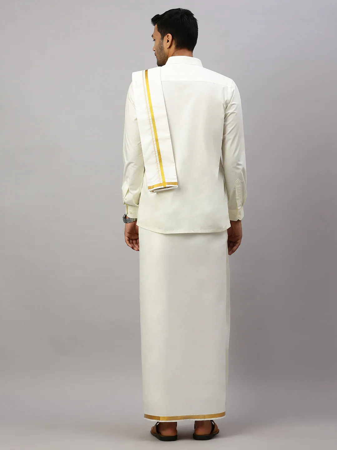 Men Full Sleeves Cream Shirt with 3/4" inch Jari Dhoti Towel and Belt Combo