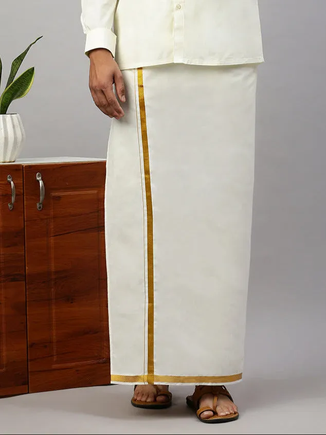 Men Full Sleeves Cream Shirt with 3/4" inch Jari Dhoti Towel and Belt Combo