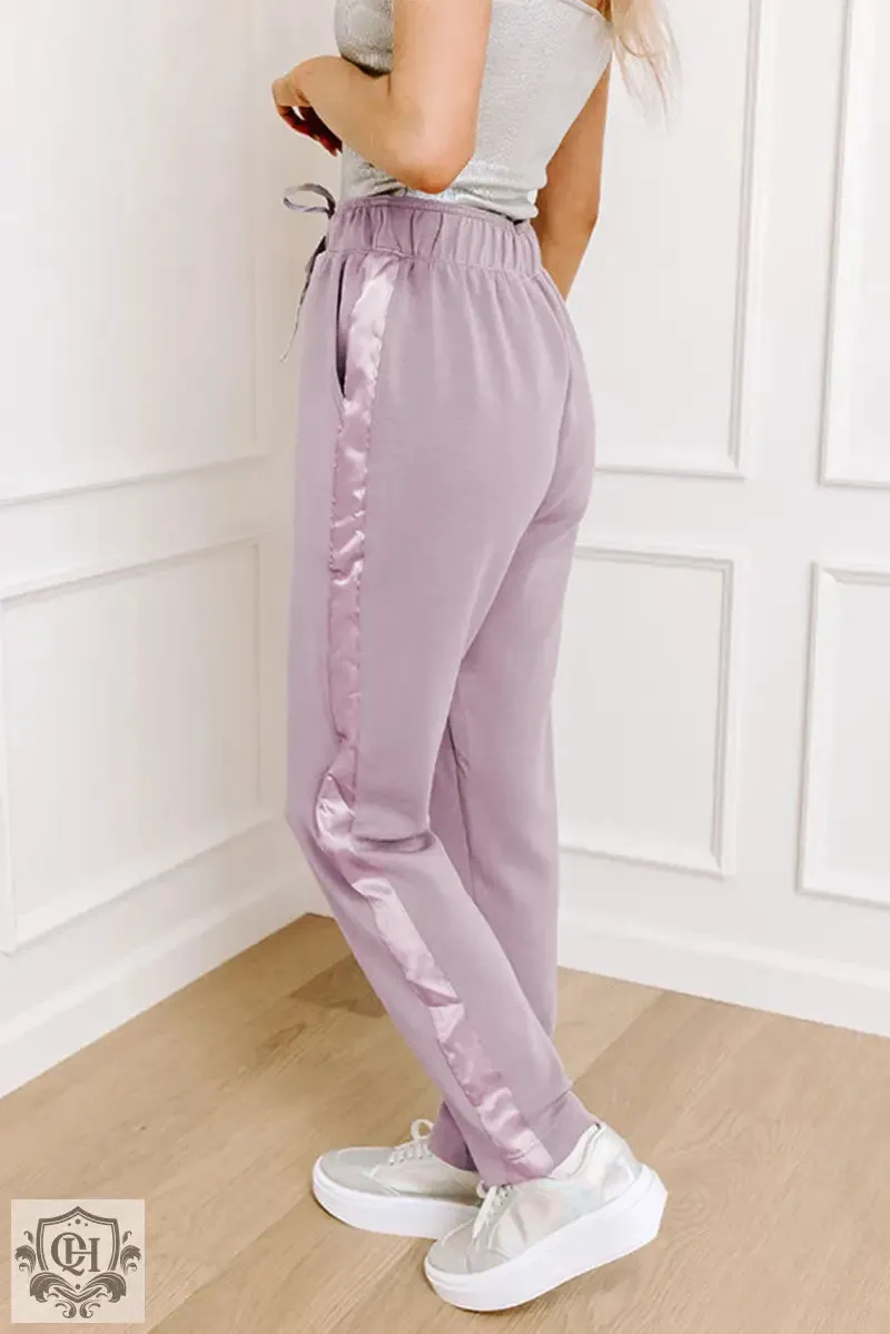 Orchid Petal Drawstring Waist Satin Stripe Patch Straight Leg High Waist Pants