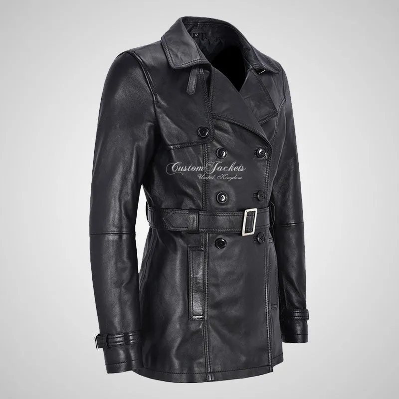 PARIS Ladies Leather Trench Coat Double Breasted Belted
