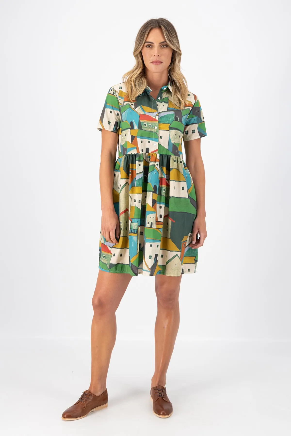 Pueblito Villa Dress Green in Seersucker