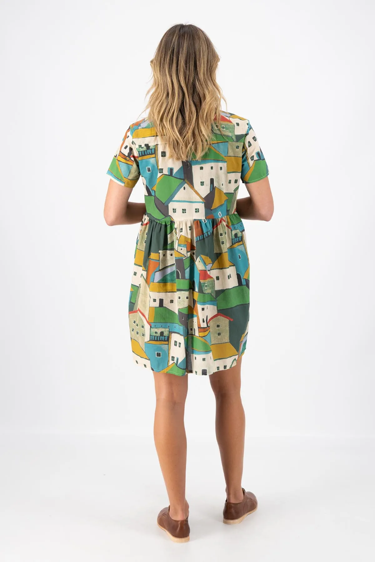 Pueblito Villa Dress Green in Seersucker