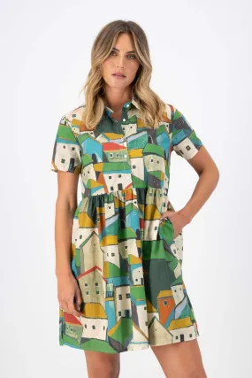Pueblito Villa Dress Green in Seersucker