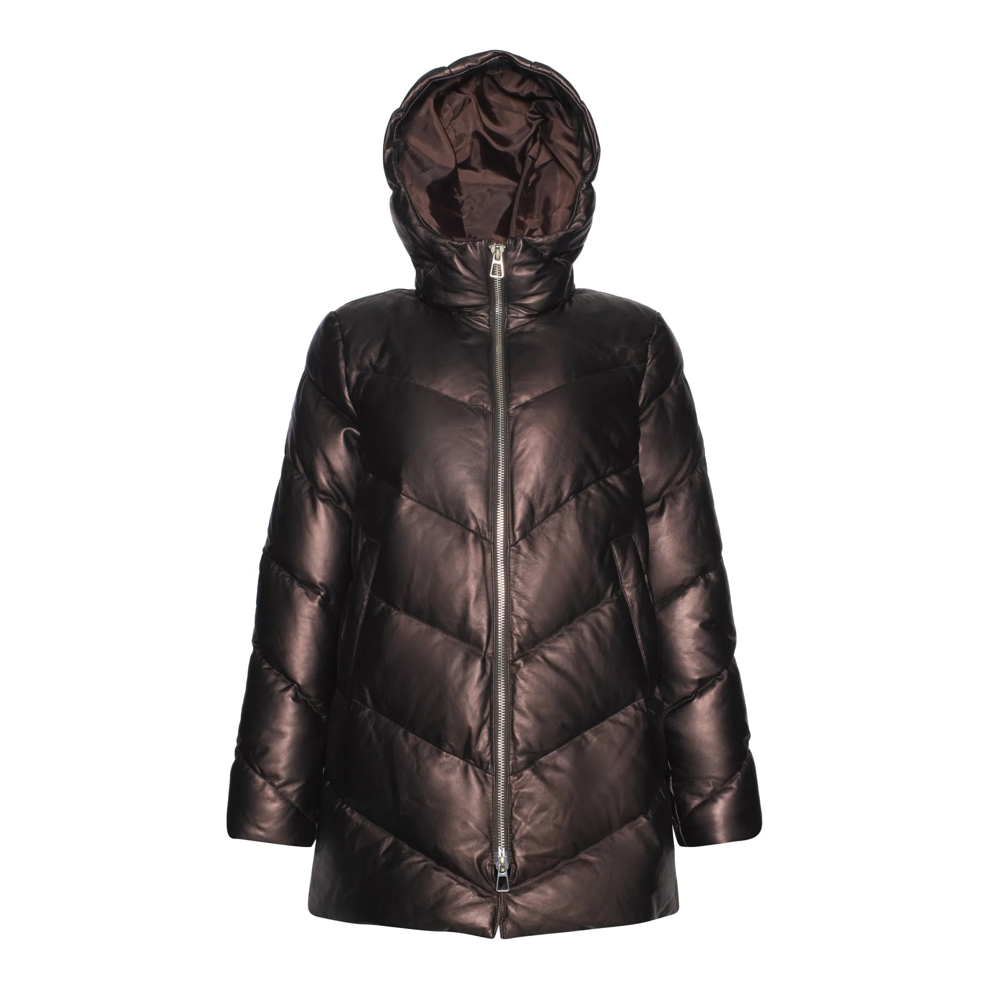 Rini Hooded Goose Down Quilted Leather Puffer Jacket