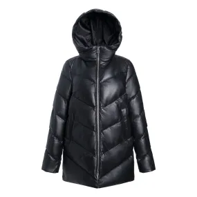 Rini Hooded Goose Down Quilted Leather Puffer Jacket