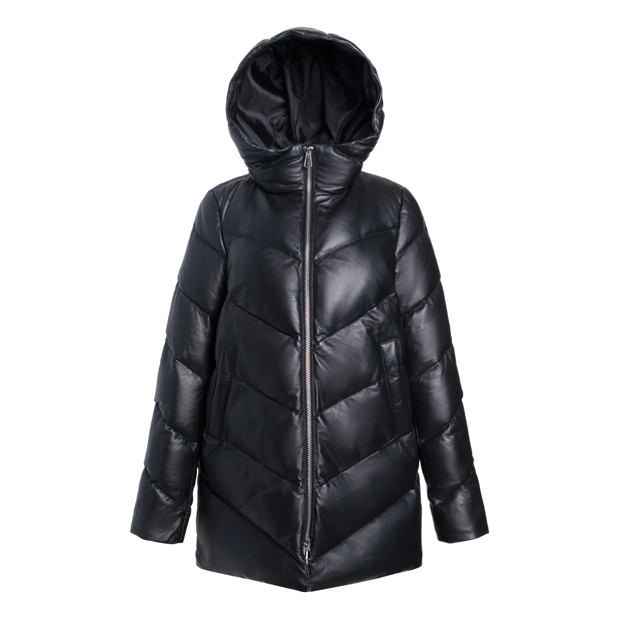 Rini Hooded Goose Down Quilted Leather Puffer Jacket