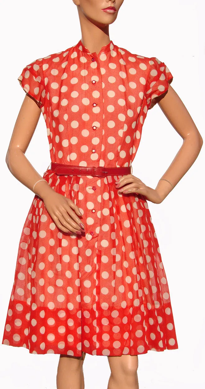 Rockabilly Style 1950s Dress Red with White Polka Dots Size S / M
