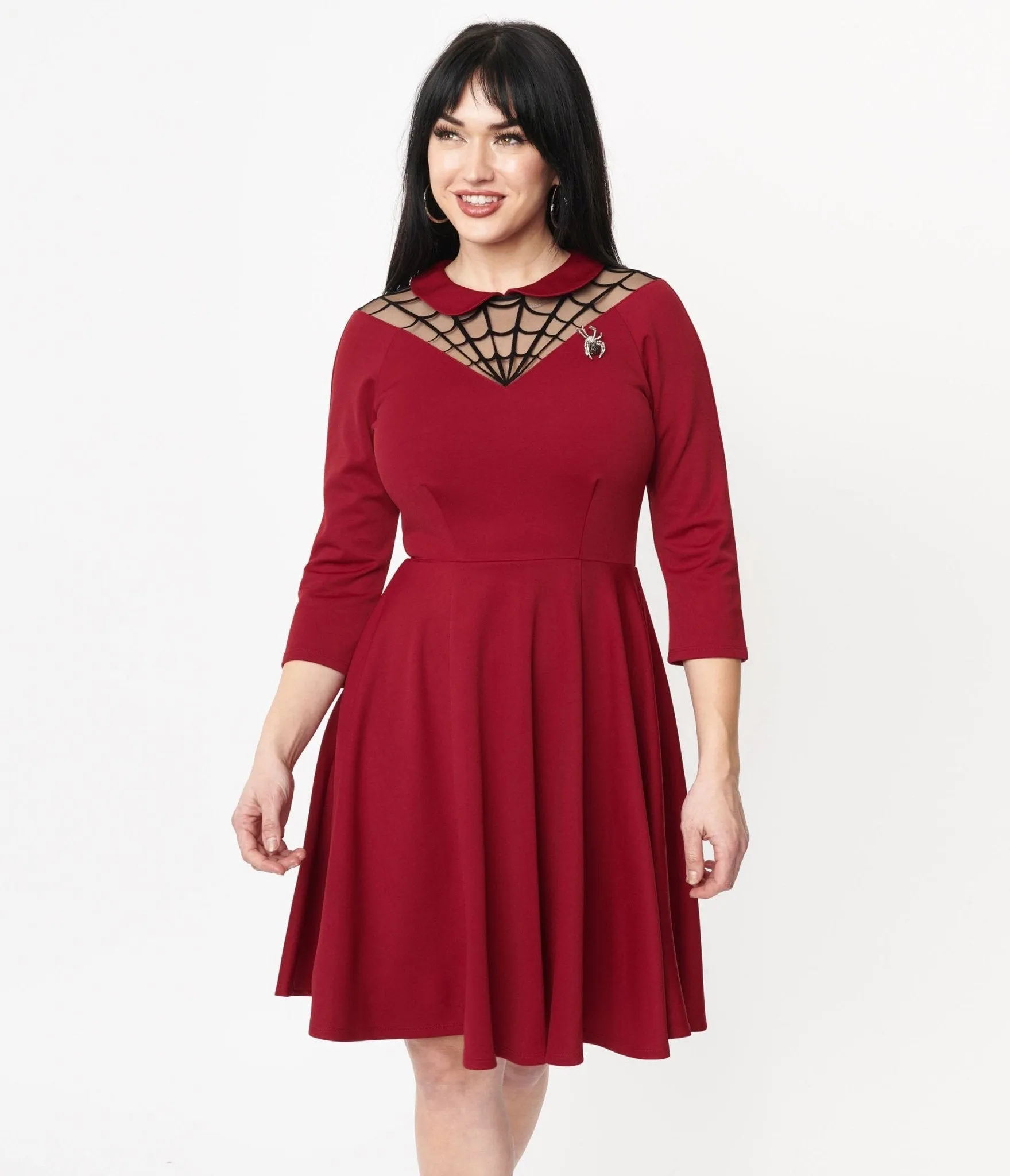 Unique Vintage 1950s Burgundy Spiderweb Endora Fit & Flare Dress