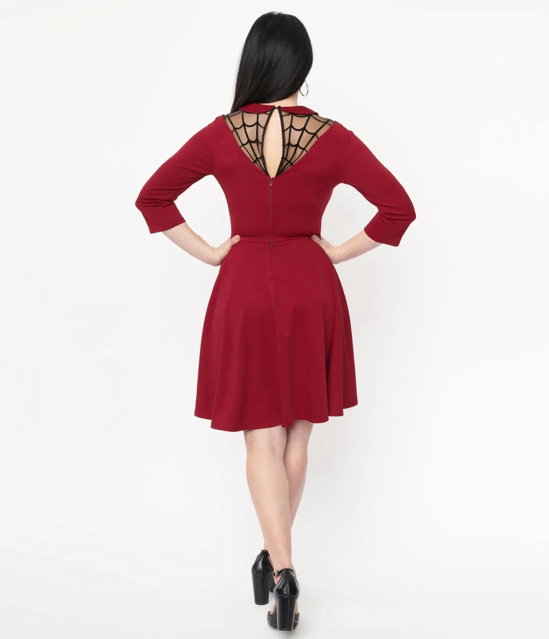 Unique Vintage 1950s Burgundy Spiderweb Endora Fit & Flare Dress