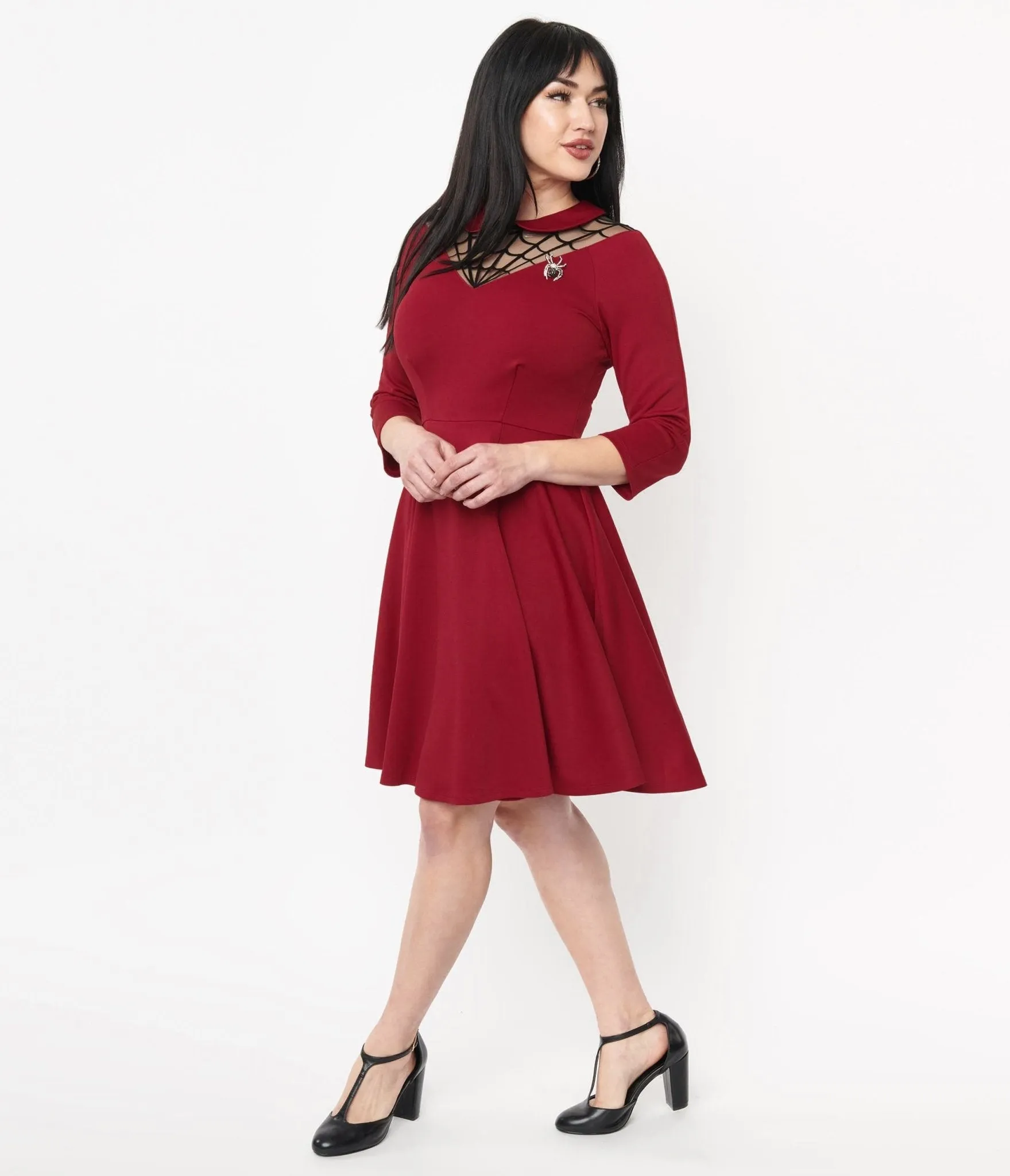 Unique Vintage 1950s Burgundy Spiderweb Endora Fit & Flare Dress