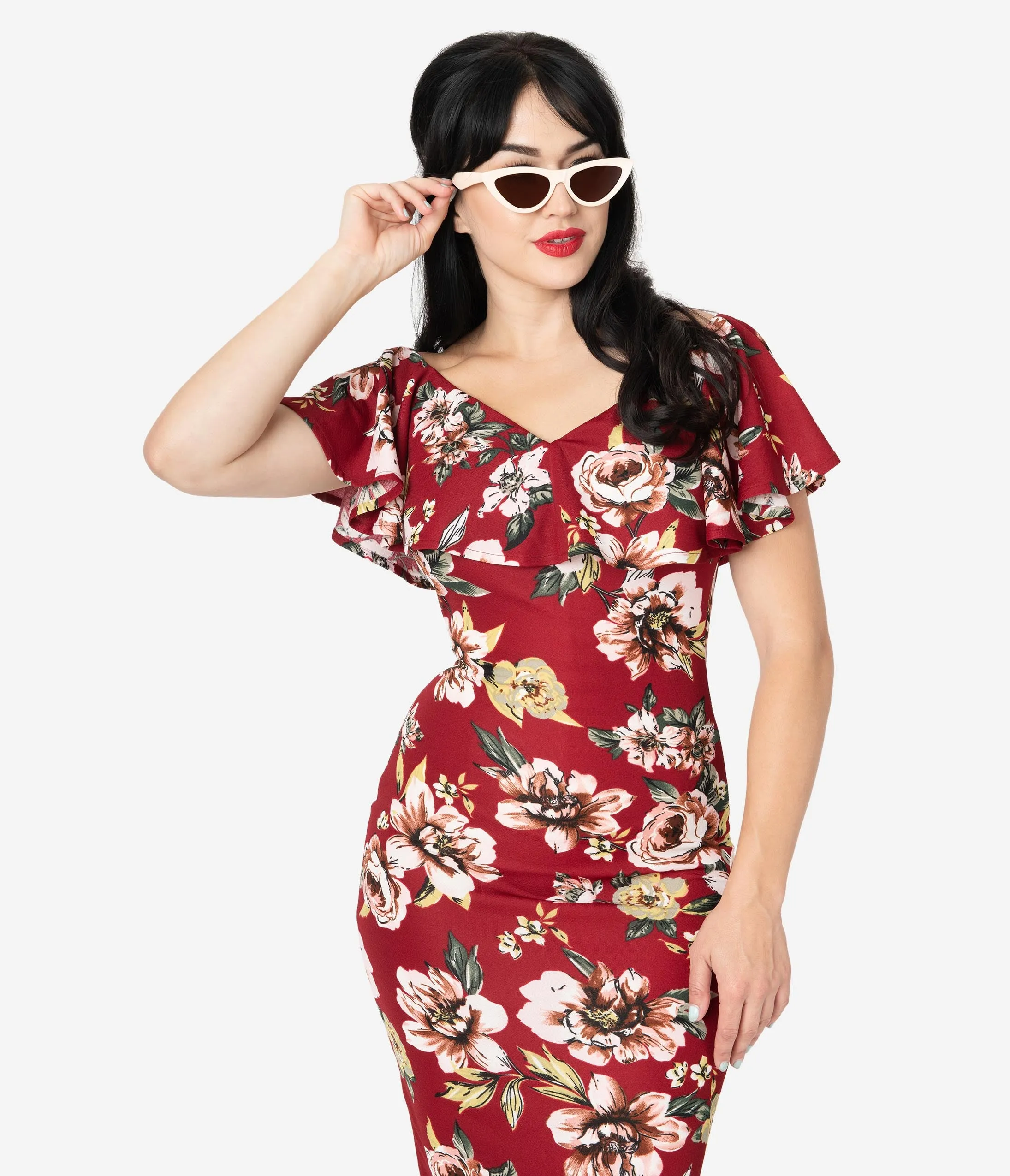 Unique Vintage Burgundy Floral Knit Ruffle Sophia Wiggle Dress