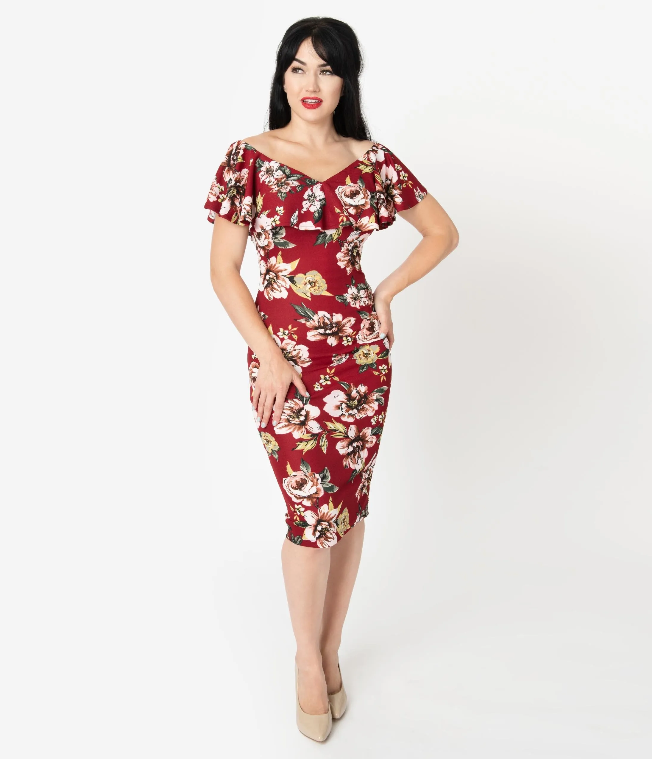 Unique Vintage Burgundy Floral Knit Ruffle Sophia Wiggle Dress