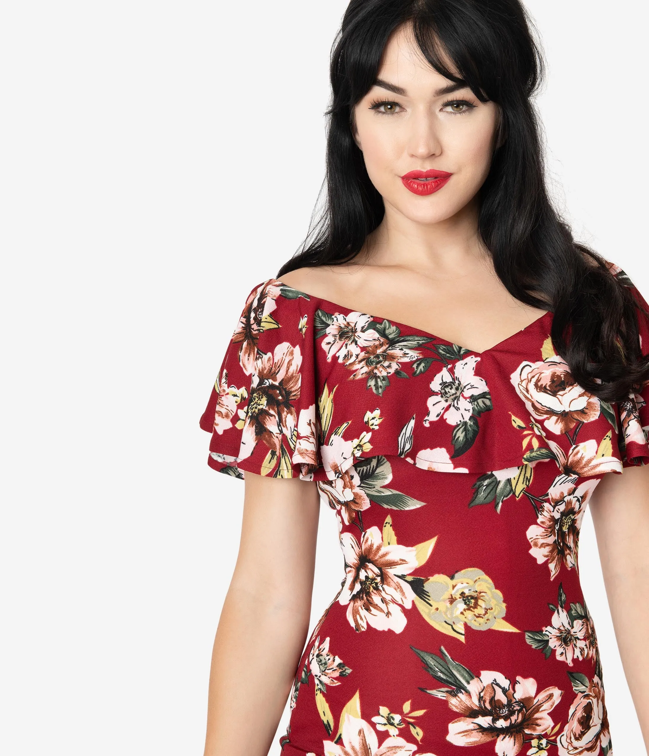Unique Vintage Burgundy Floral Knit Ruffle Sophia Wiggle Dress