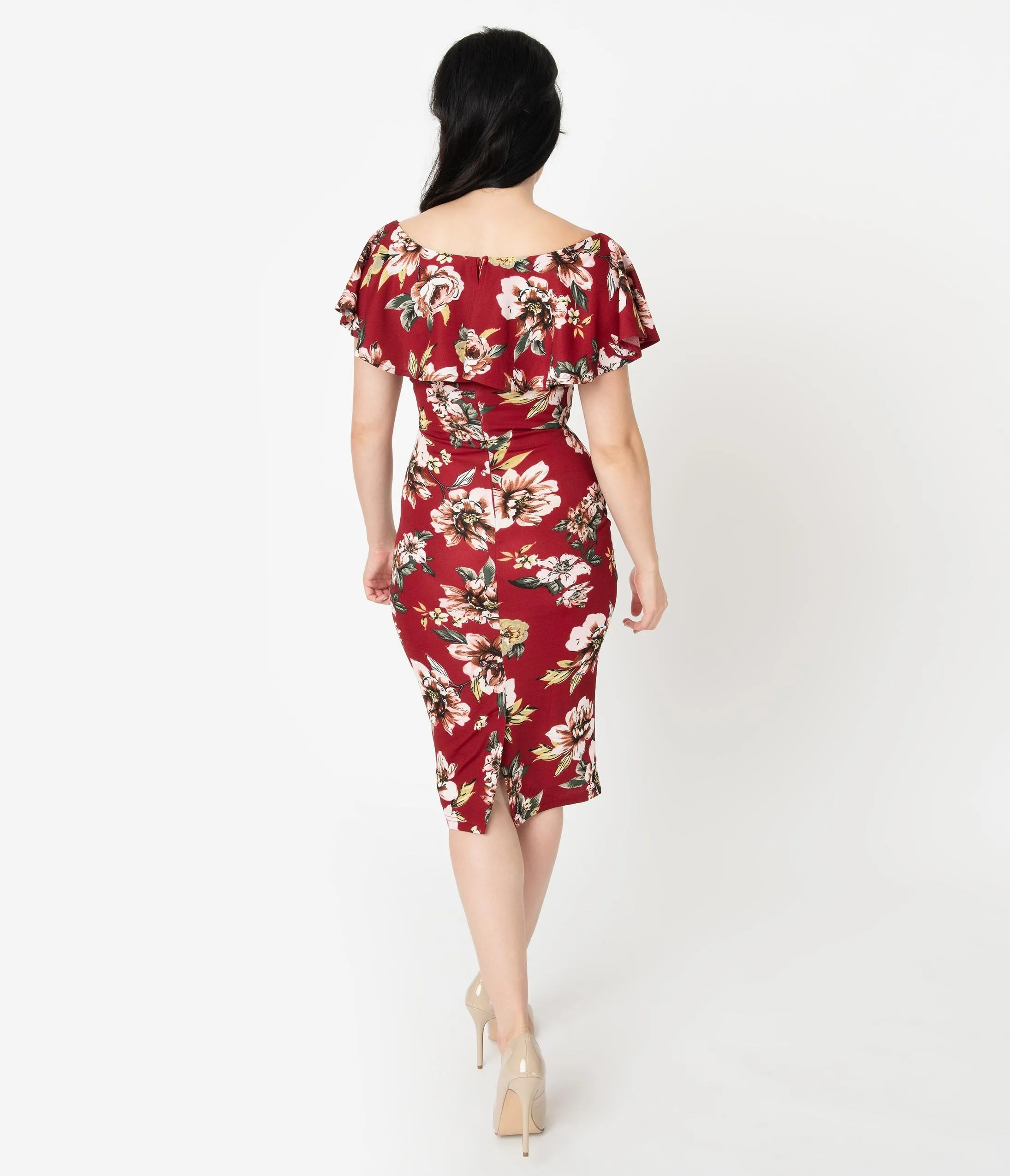 Unique Vintage Burgundy Floral Knit Ruffle Sophia Wiggle Dress