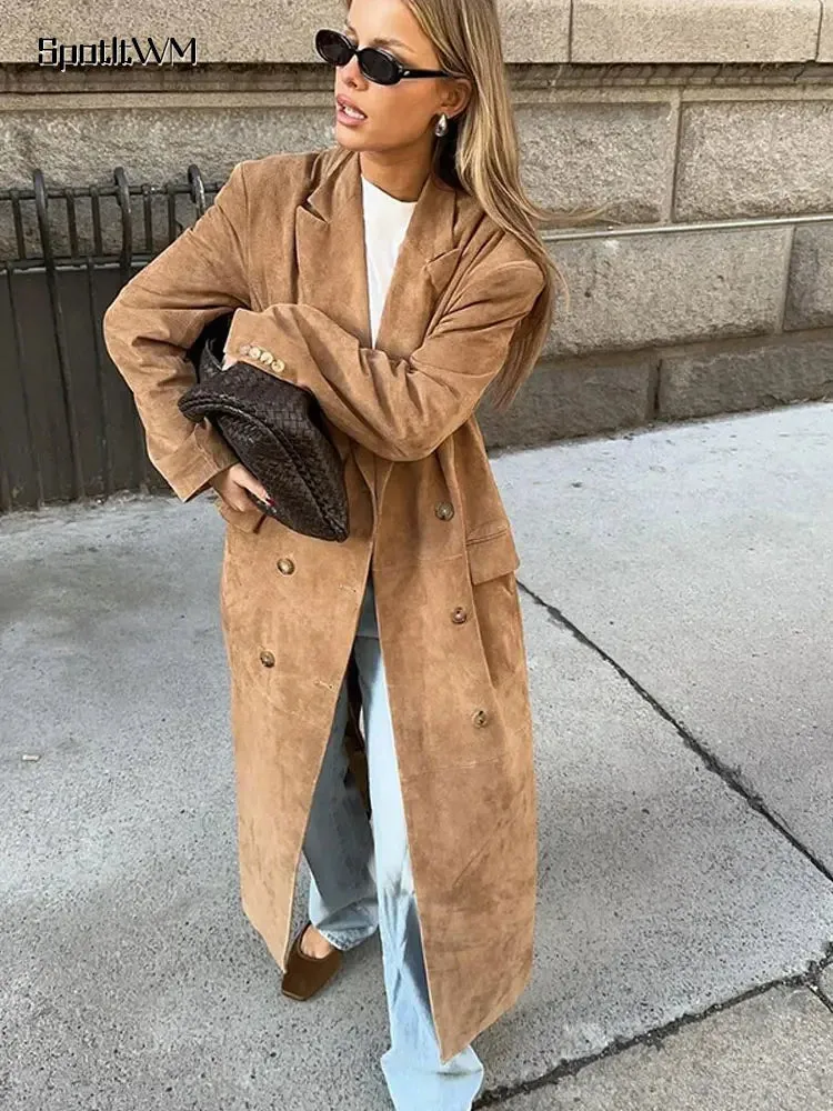 Vintage Long-Line Faux Suede Trench Coat - Women's Autumn and Winter Casual Elegant Buttoned Overcoat