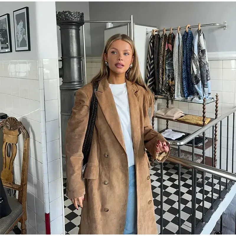 Vintage Long-Line Faux Suede Trench Coat - Women's Autumn and Winter Casual Elegant Buttoned Overcoat