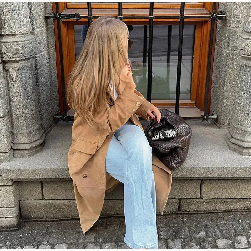 Vintage Long-Line Faux Suede Trench Coat - Women's Autumn and Winter Casual Elegant Buttoned Overcoat