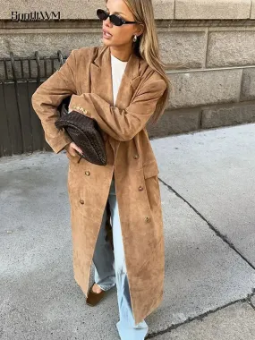 Vintage Long-Line Faux Suede Trench Coat - Women's Autumn and Winter Casual Elegant Buttoned Overcoat