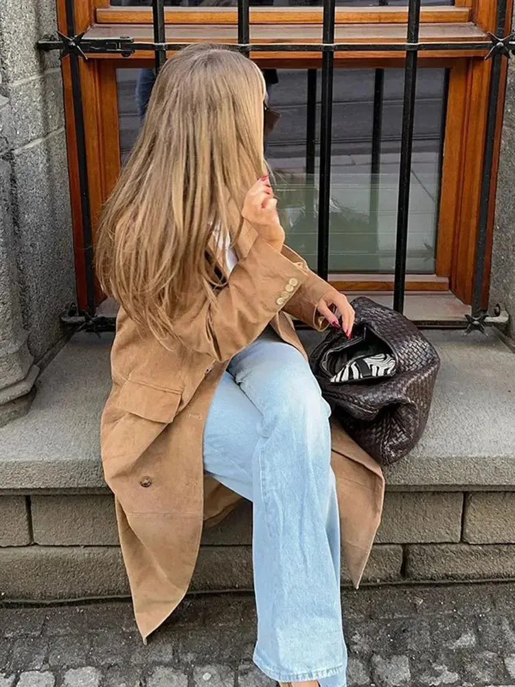 Vintage Long-Line Faux Suede Trench Coat - Women's Autumn and Winter Casual Elegant Buttoned Overcoat