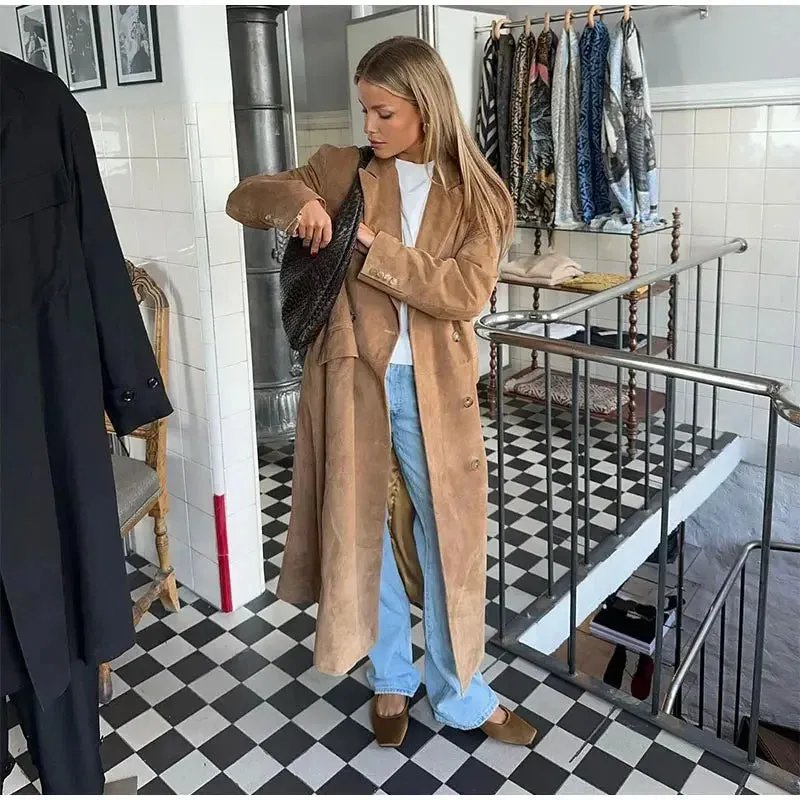 Vintage Long-Line Faux Suede Trench Coat - Women's Autumn and Winter Casual Elegant Buttoned Overcoat