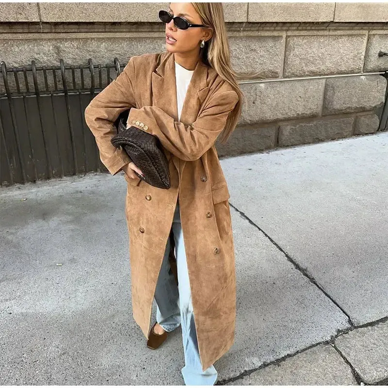 Vintage Long-Line Faux Suede Trench Coat - Women's Autumn and Winter Casual Elegant Buttoned Overcoat