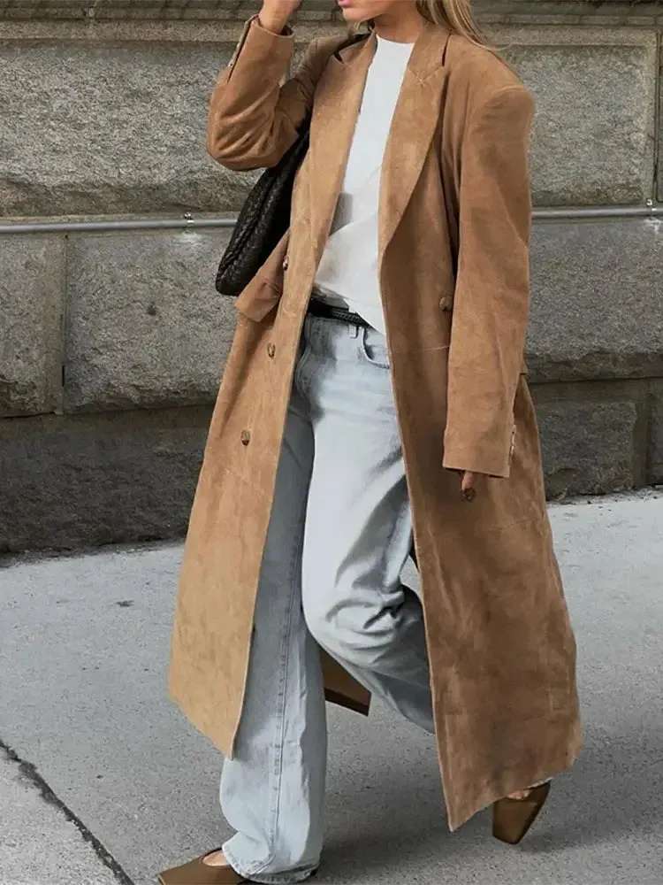 Vintage Long-Line Faux Suede Trench Coat - Women's Autumn and Winter Casual Elegant Buttoned Overcoat