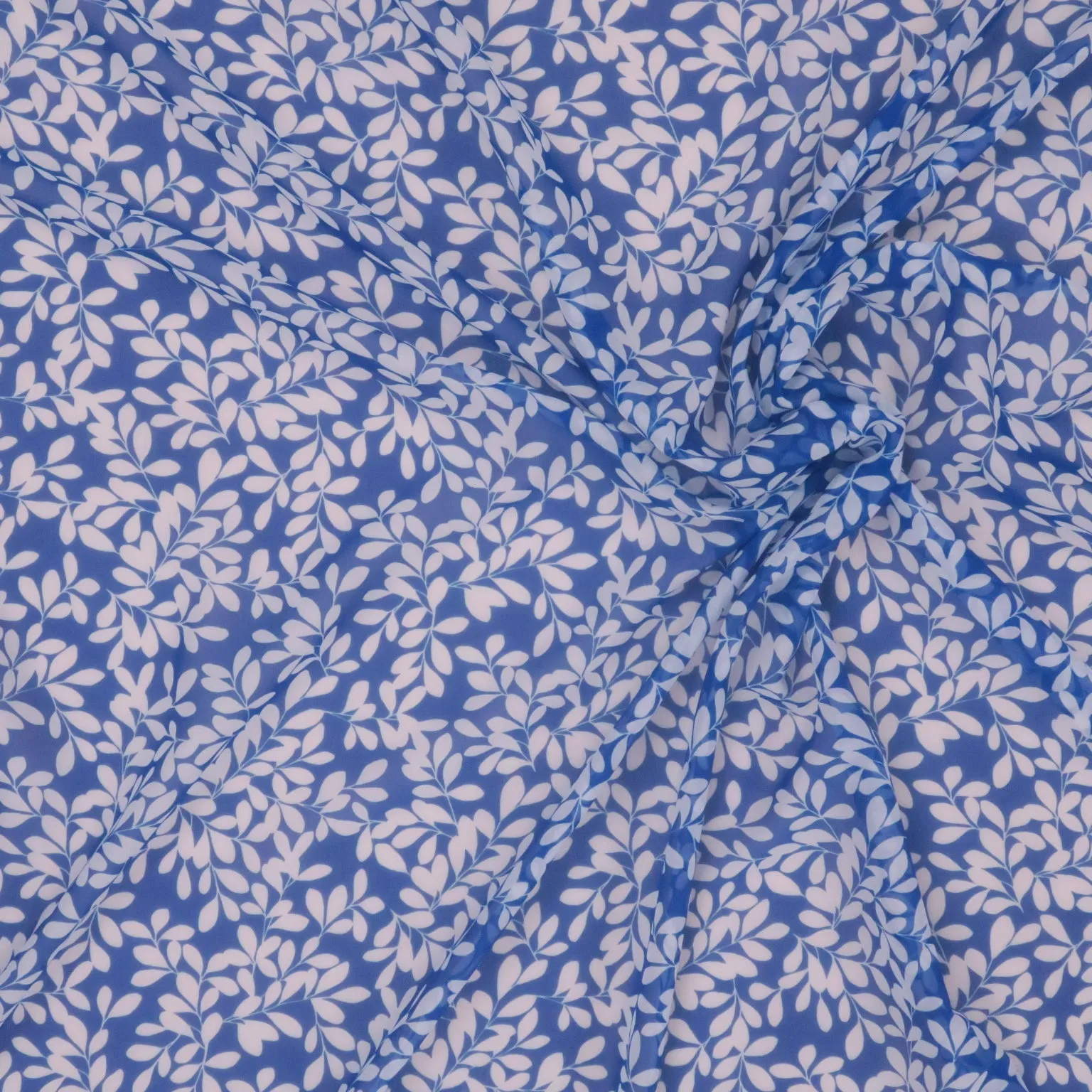 White Florals on Blue Background Printed Silk Chiffon Fabric