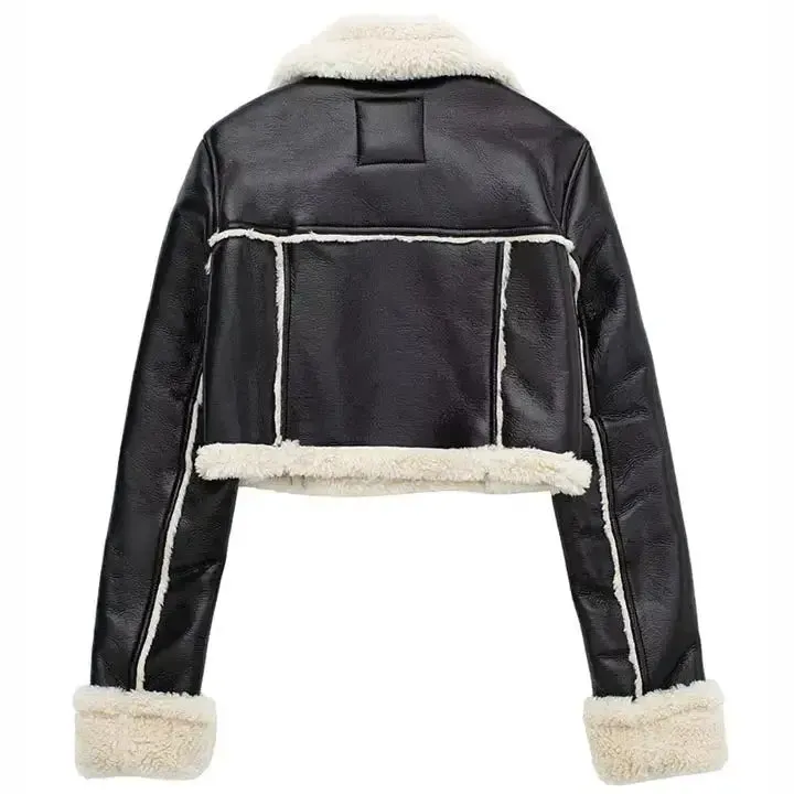 Women's Vintage Black Cropped Shearling Leather Jacket