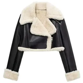 Women's Vintage Black Cropped Shearling Leather Jacket